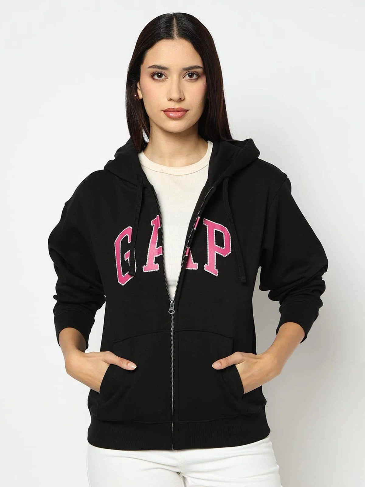 Black Logo Relaxed Fit Full Sleeve Zip-Front Sweatshirt | HD56 - view 1