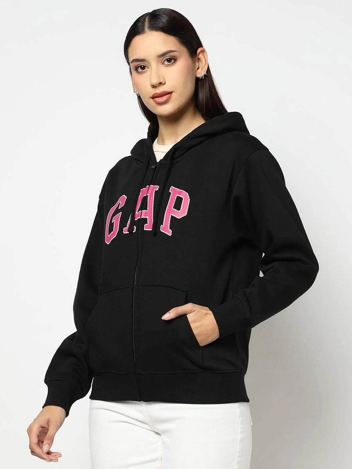 Black Logo Relaxed Fit Full Sleeve Zip-Front Sweatshirt | HD56 - view 5