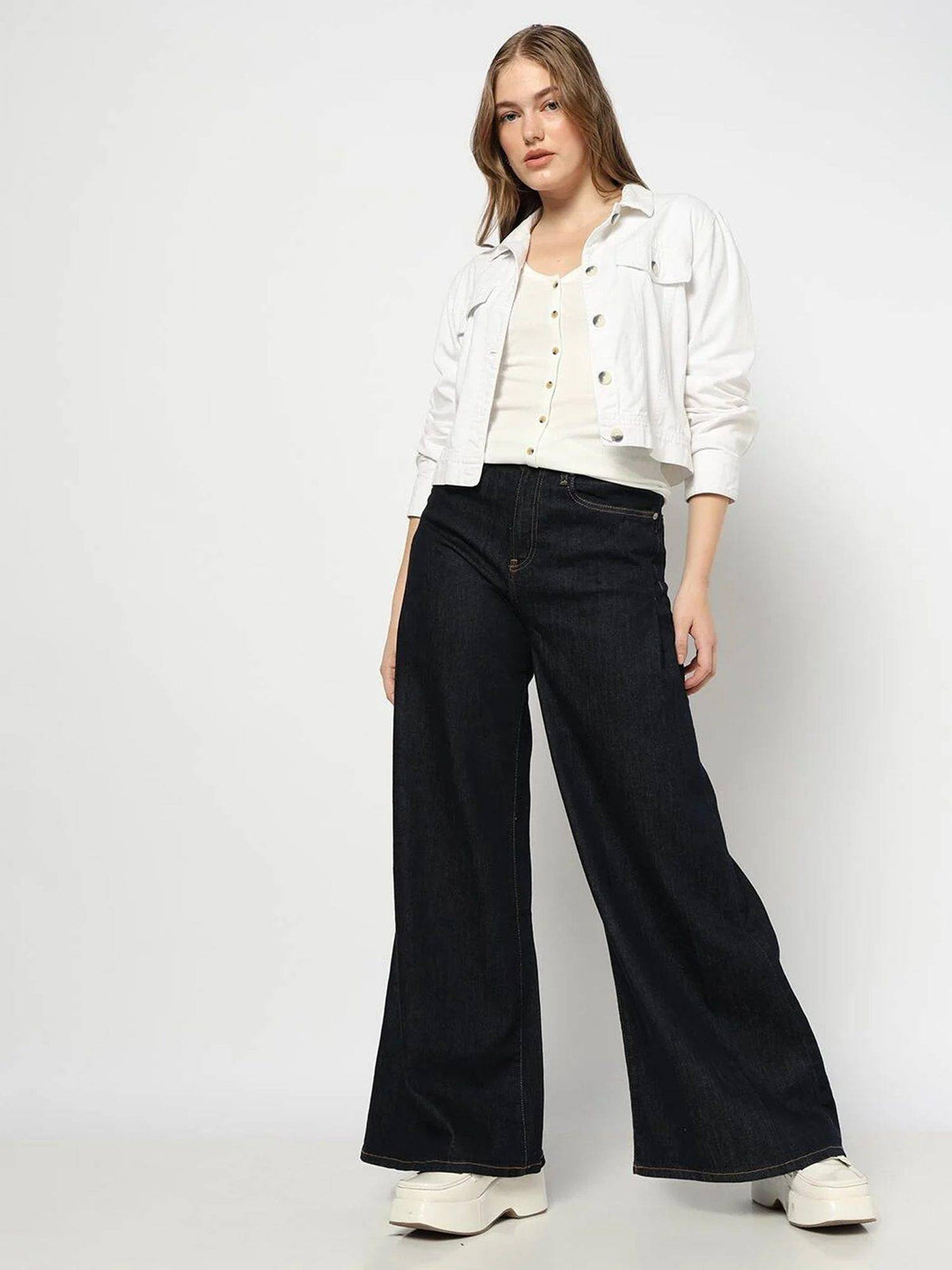 Black Solid Wide-Leg Fit High Rise Wide-Leg Jeans | RF89 - view 5