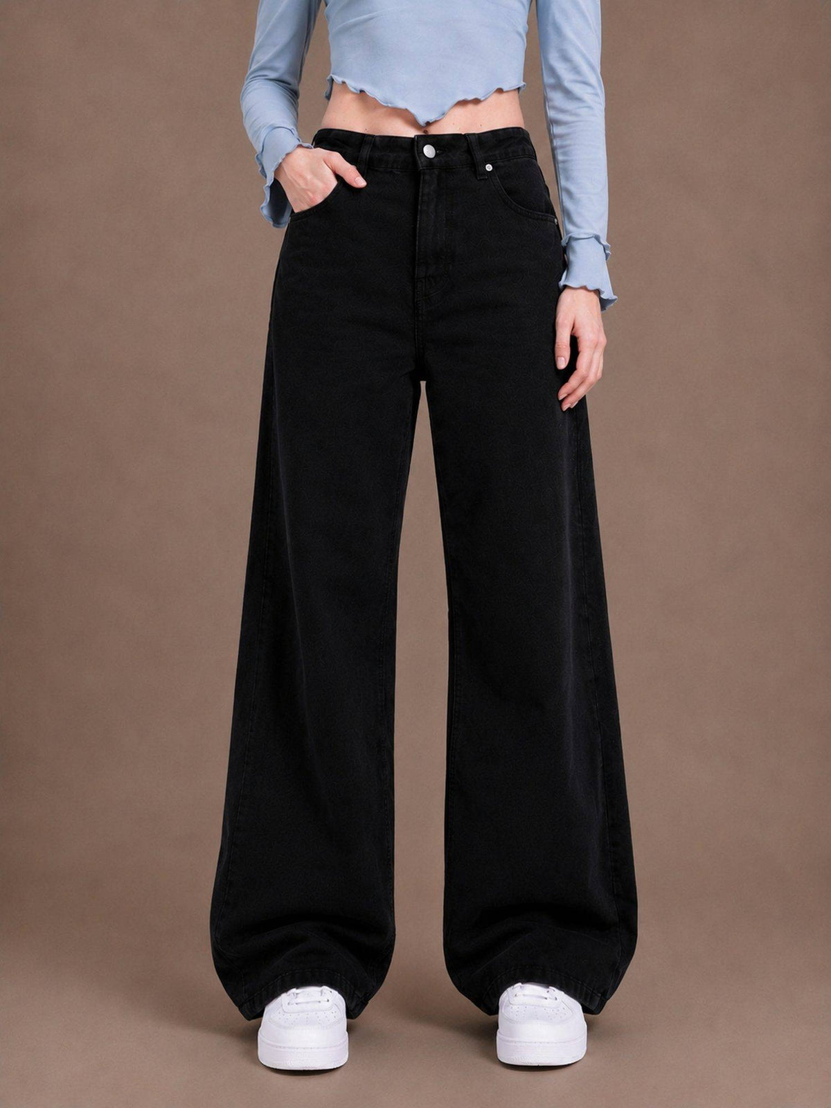 Black Wideleg Streachable High Rise Jeans | WL90 - view 1