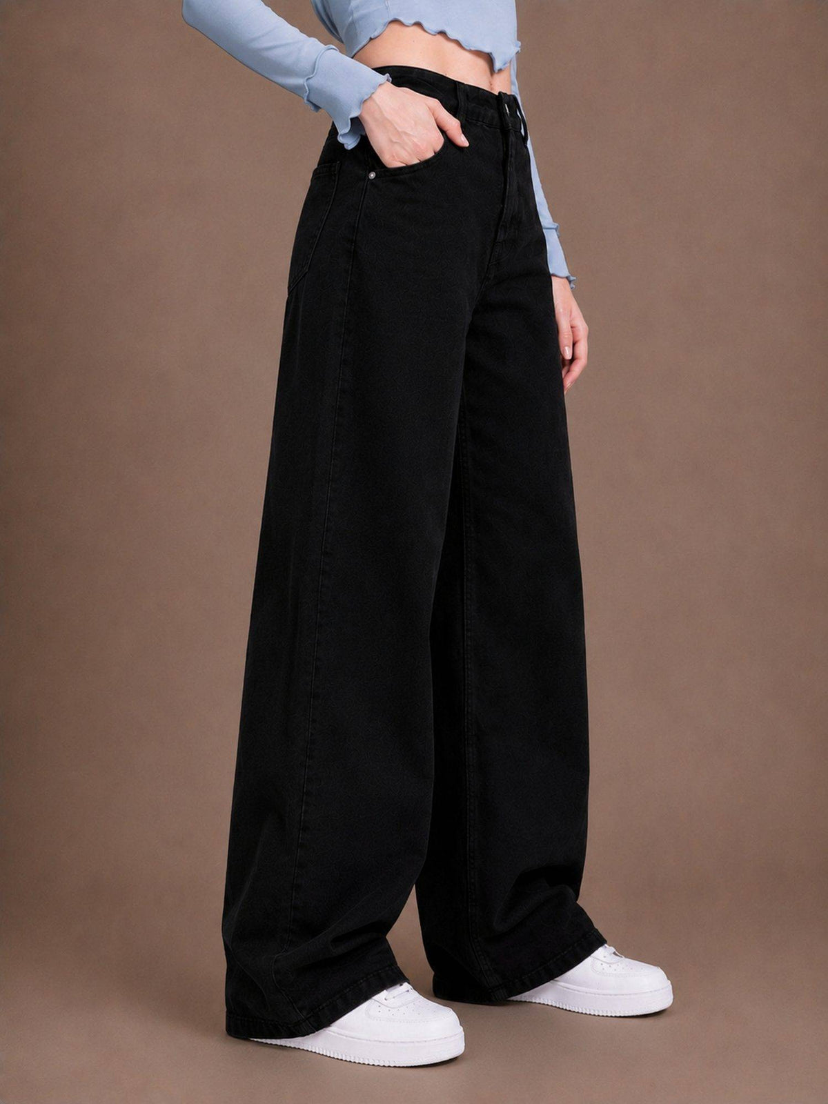 Black Wideleg Streachable High Rise Jeans | WL90 - view 3