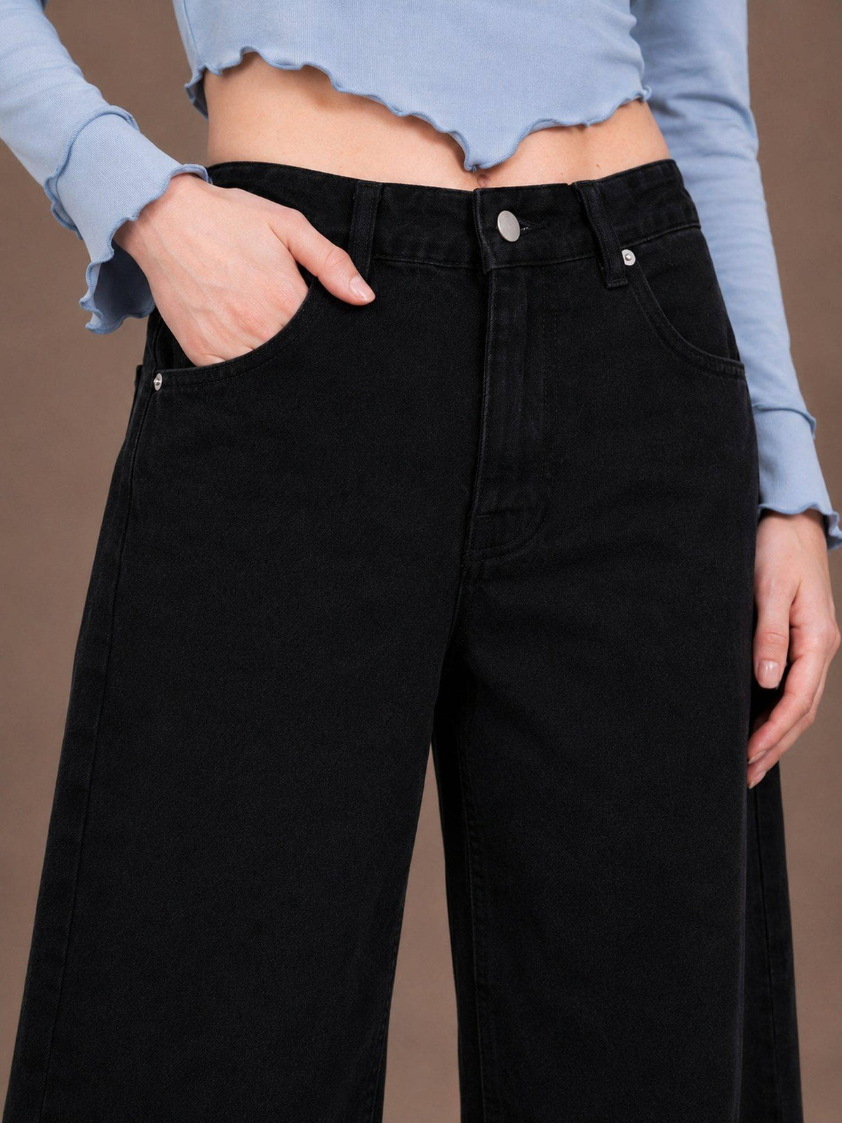 Black Wideleg Streachable High Rise Jeans | WL90 - view 4