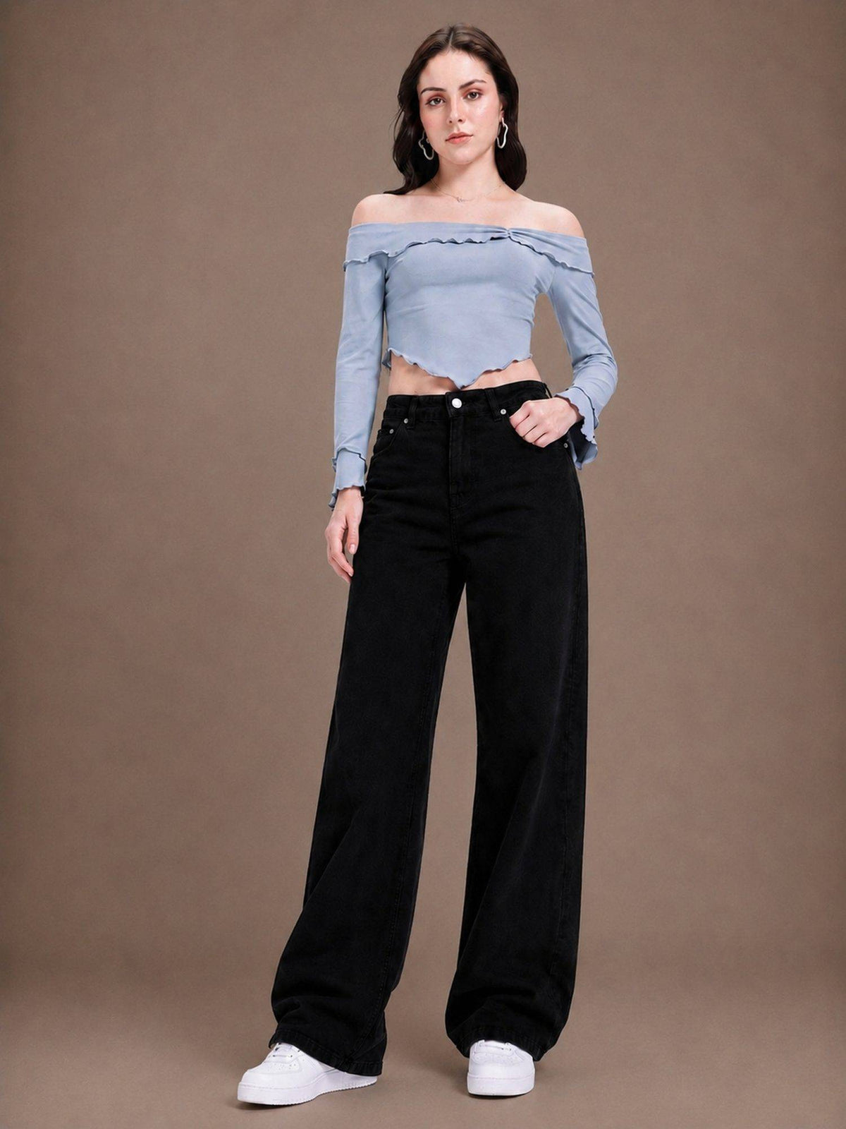 Black Wideleg Streachable High Rise Jeans | WL90 - view 5