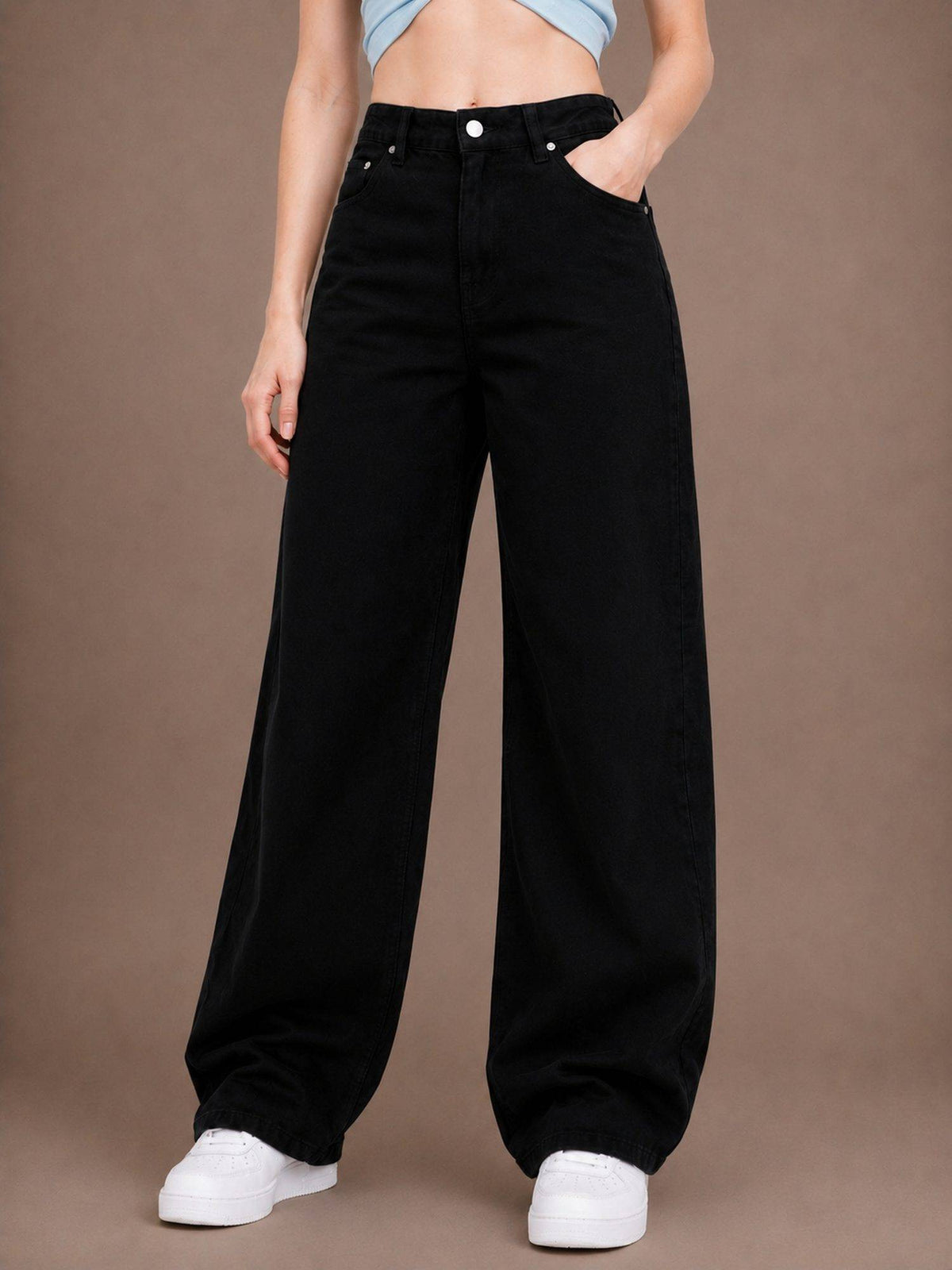 Black Wideleg Streachable High Rise Jeans | WL90 - view 1