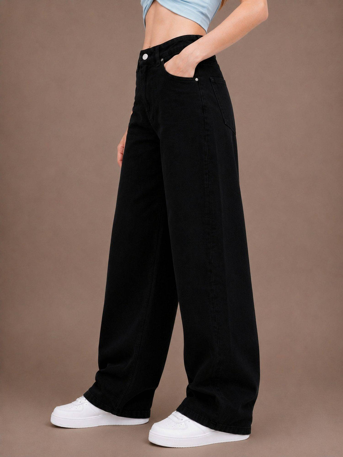 Black Wideleg Streachable High Rise Jeans | WL90 - view 3