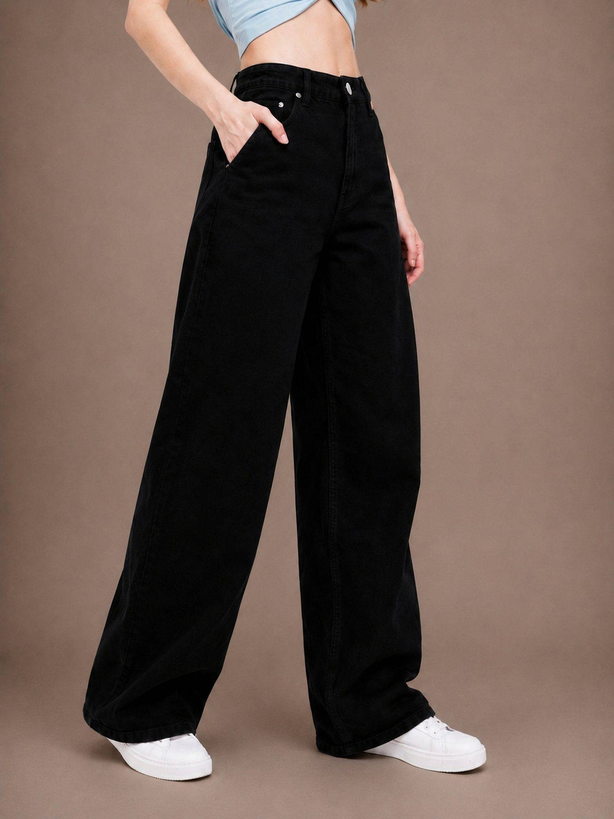 Black Wideleg Streachable High Rise Jeans | WL90 - view 5