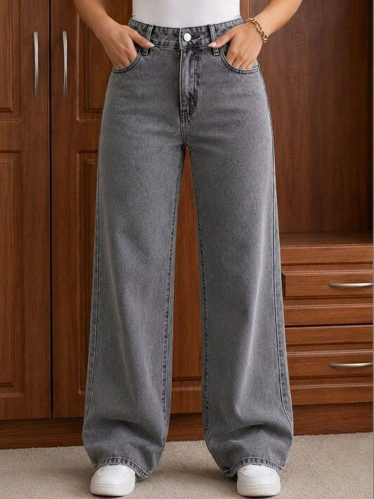 Grey Wideleg Streachable High Rise Jeans | WL90 - view 1