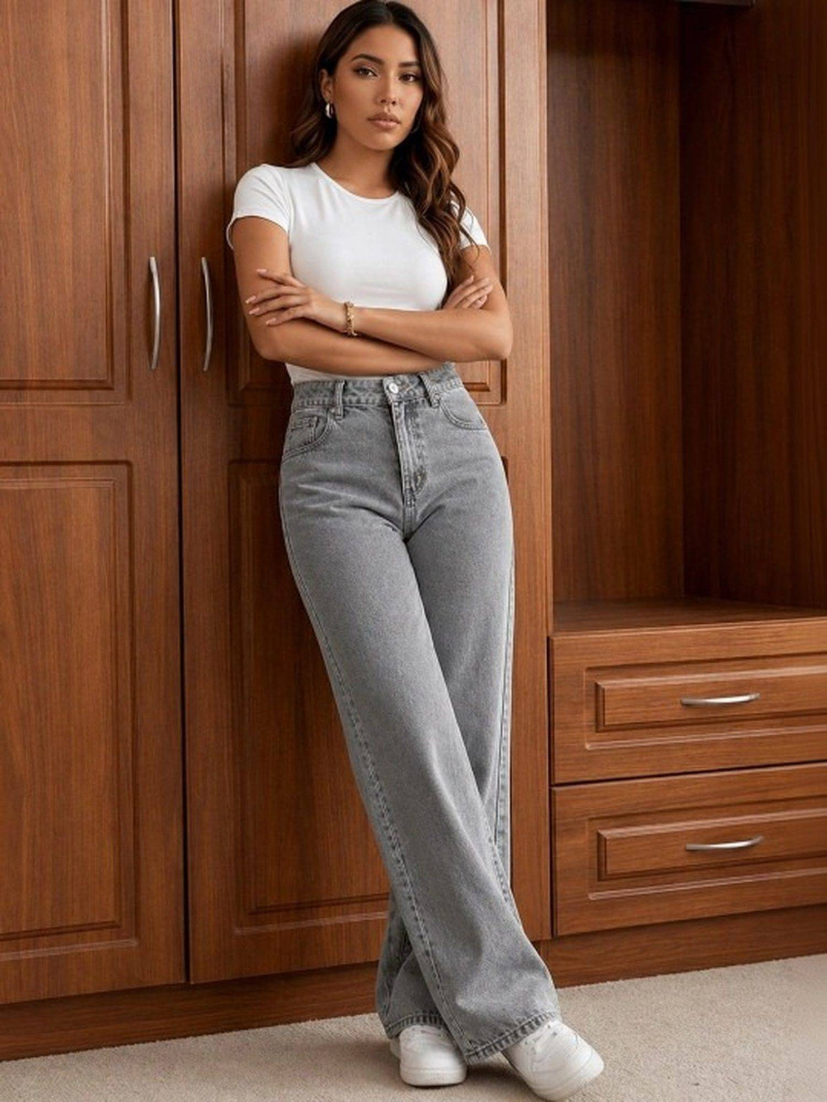 Grey Wideleg Streachable High Rise Jeans | WL90 - view 3
