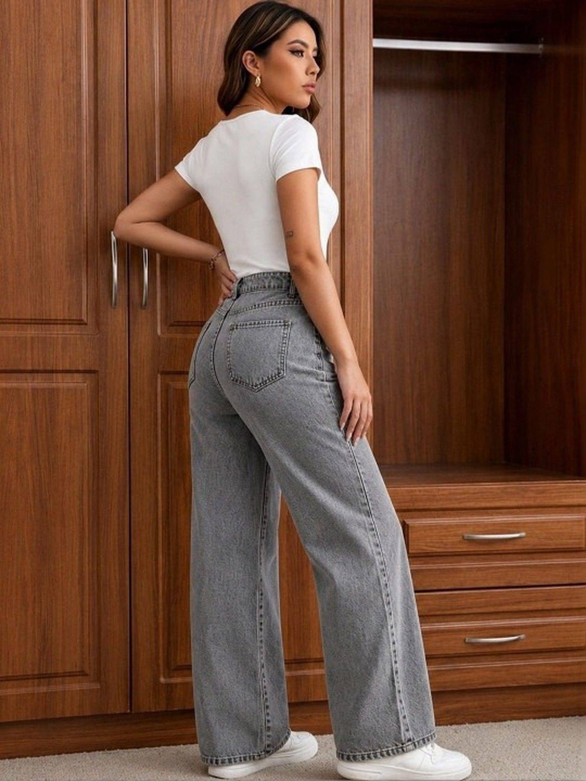 Grey Wideleg Streachable High Rise Jeans | WL90 - view 4