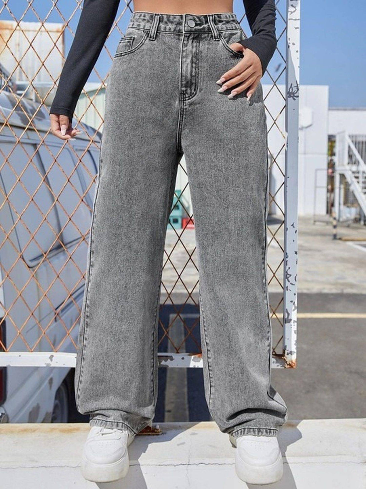 Grey Wideleg Streachable High Rise Jeans | WL90 - view 1