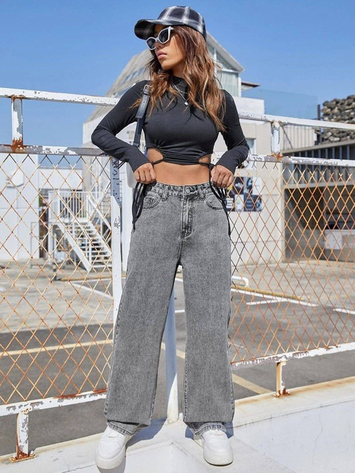 Grey Wideleg Streachable High Rise Jeans | WL90 - view 4