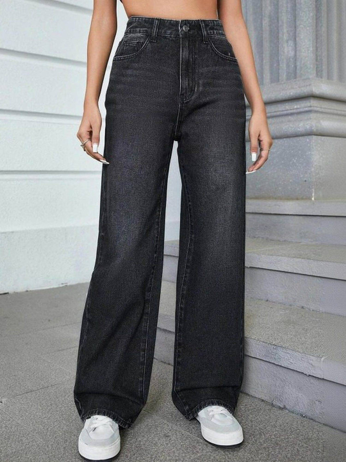 Black Wideleg Streachable High Rise Jeans | WL90 - view 1