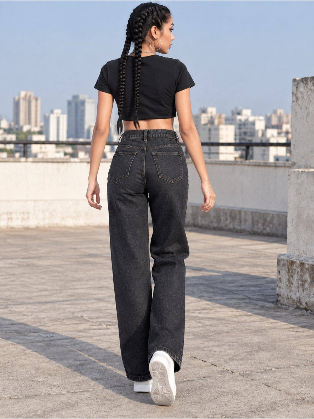 Black Wideleg Streachable High Rise Jeans | WL90 - view 2