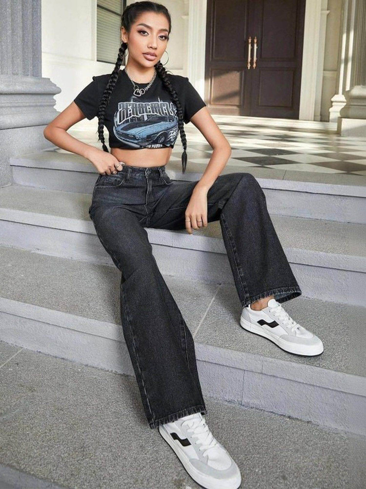 Black Wideleg Streachable High Rise Jeans | WL90 - view 4