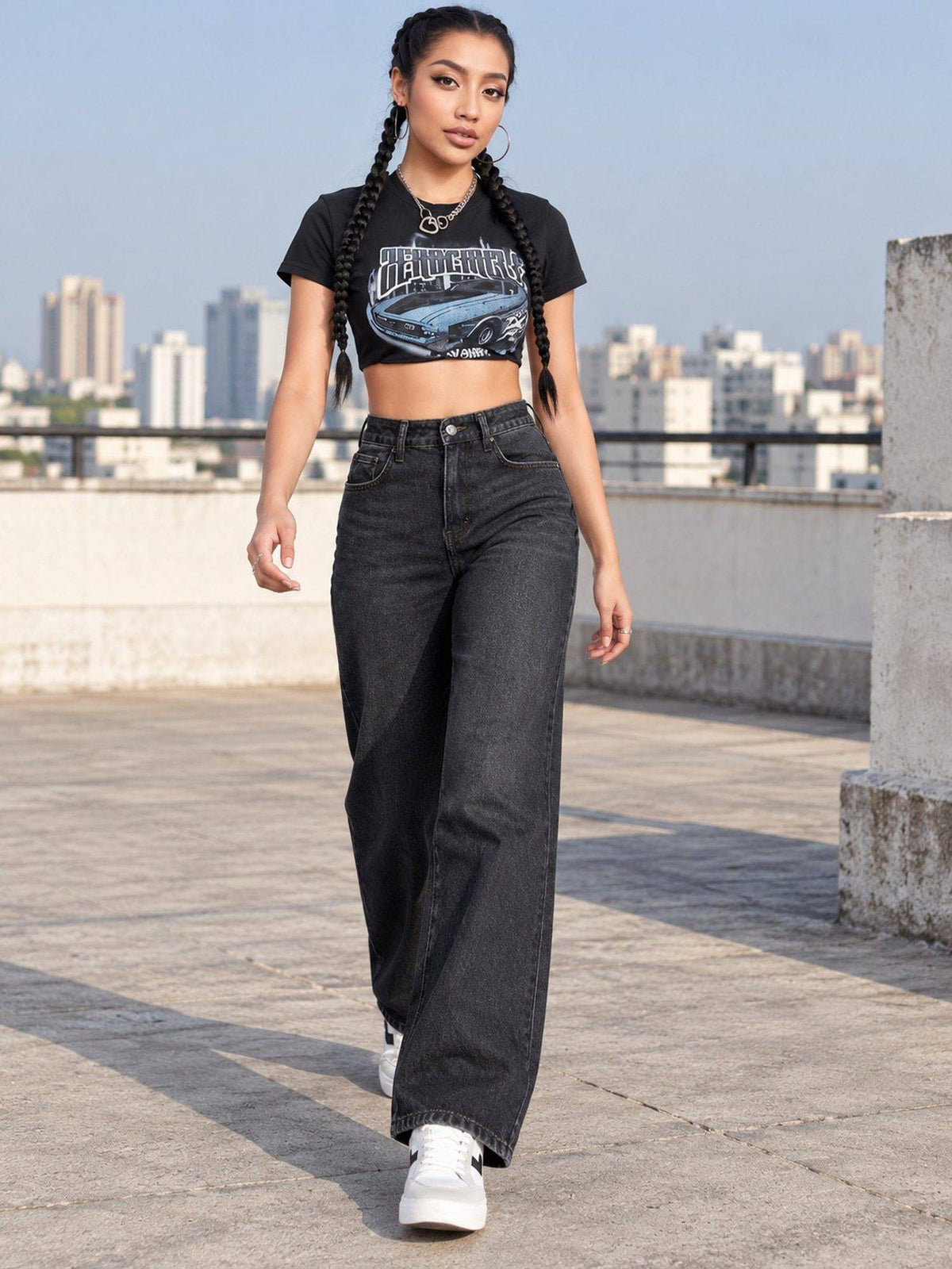 Black Wideleg Streachable High Rise Jeans | WL90 - view 5