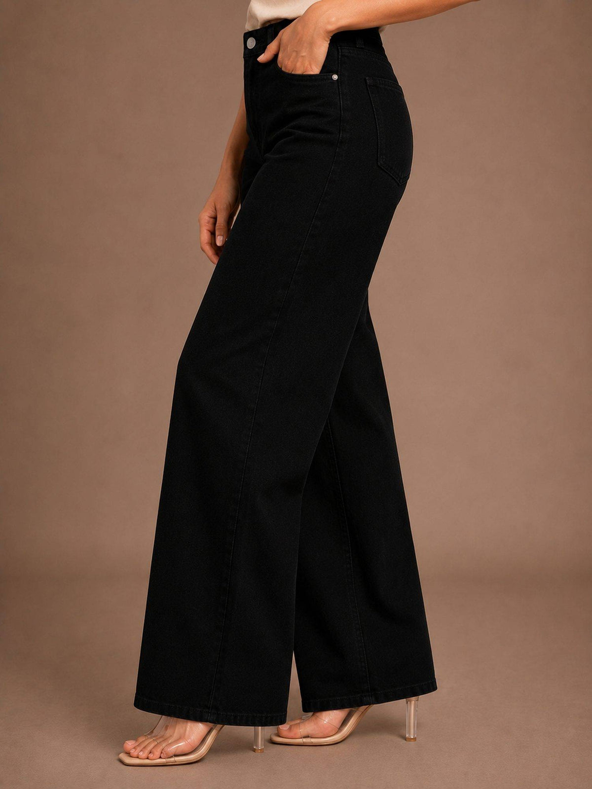 Black Wideleg Streachable High Rise Jeans | WL90 - view 3