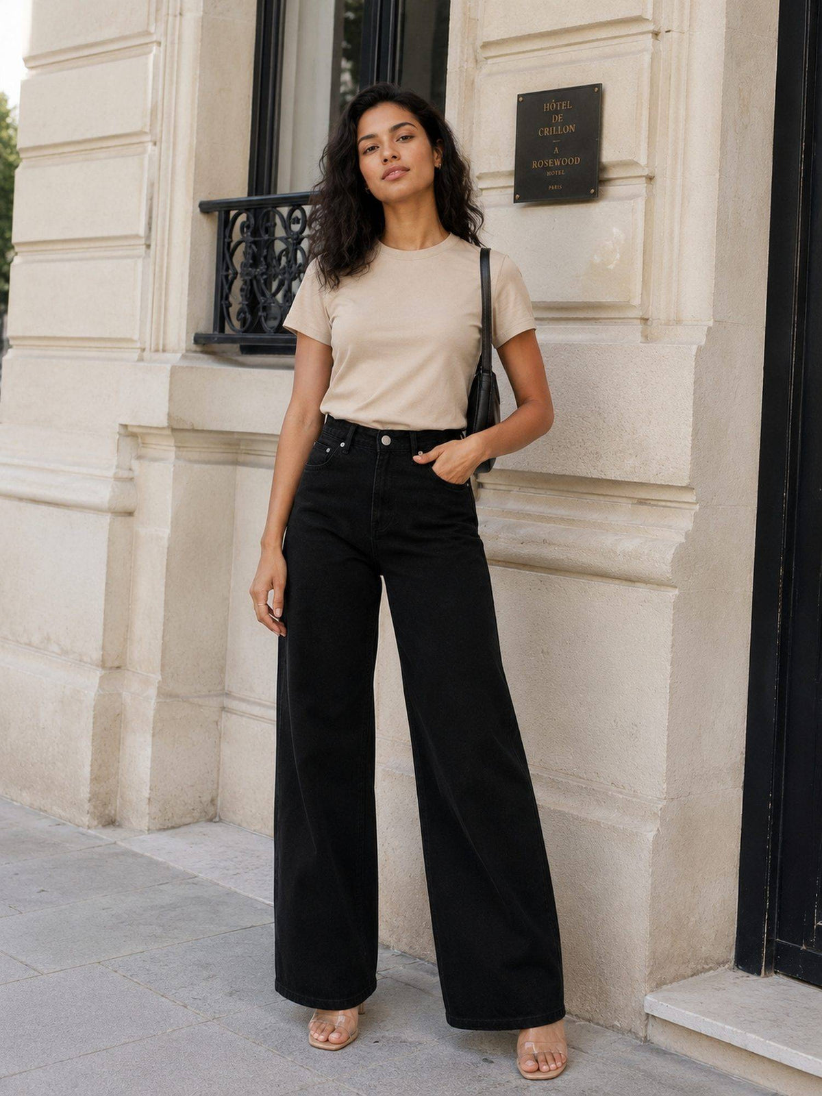 Black Wideleg Streachable High Rise Jeans | WL90 - view 4