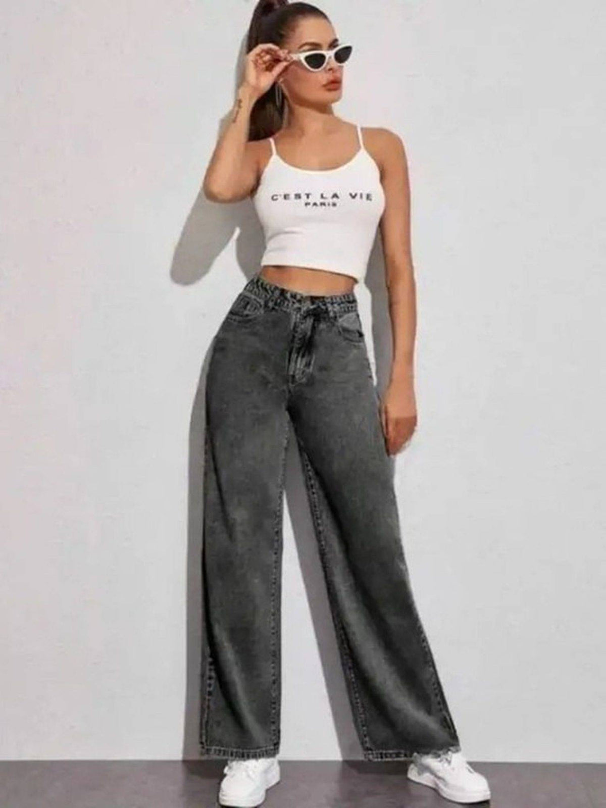 Grey Wideleg Streachable High Rise Jeans | WL90 - view 5