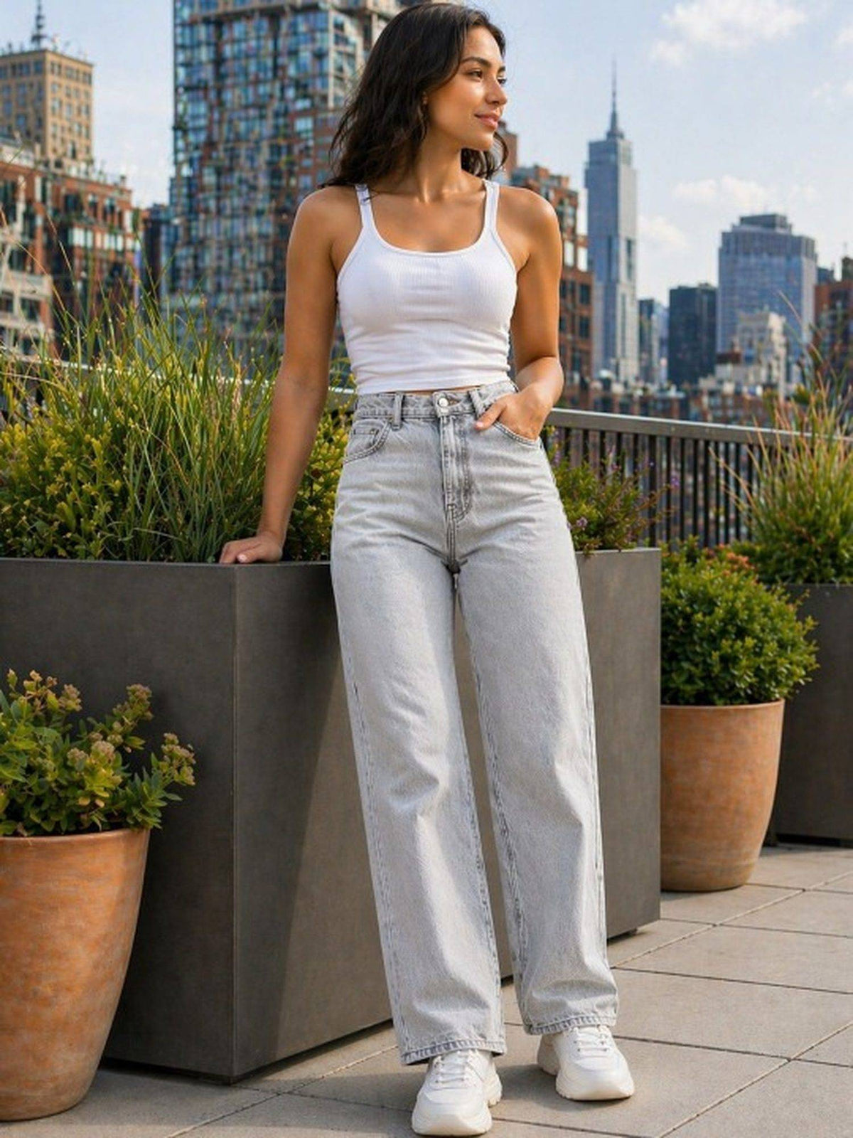 Grey Wideleg Streachable High Rise Jeans | WL90 - view 1
