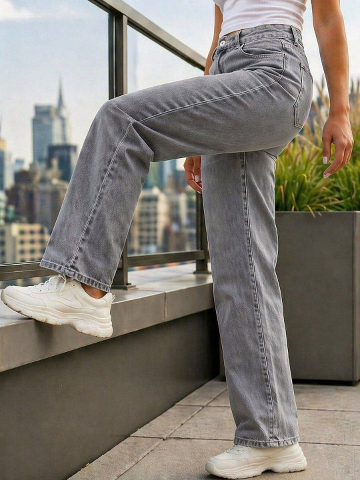 Grey Wideleg Streachable High Rise Jeans | WL90 - view 3