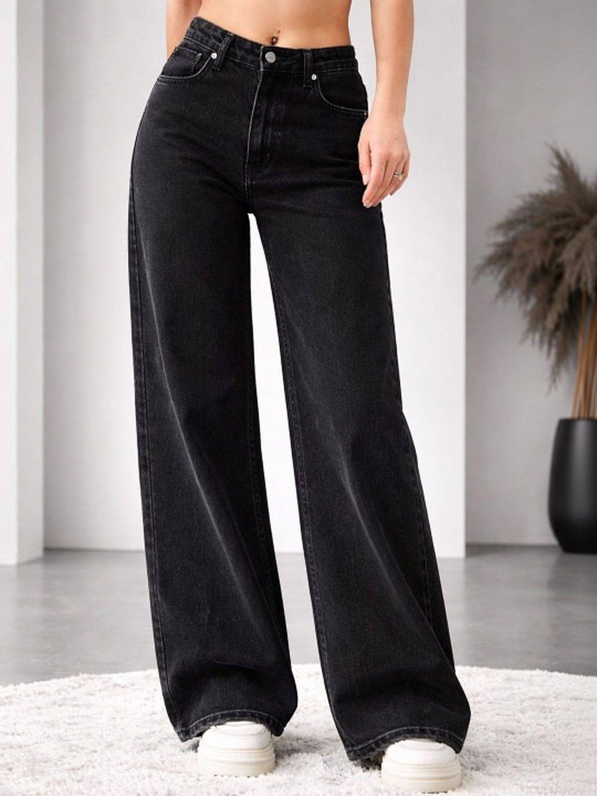 Black Wideleg Streachable High Rise Jeans | WL90 - view 1
