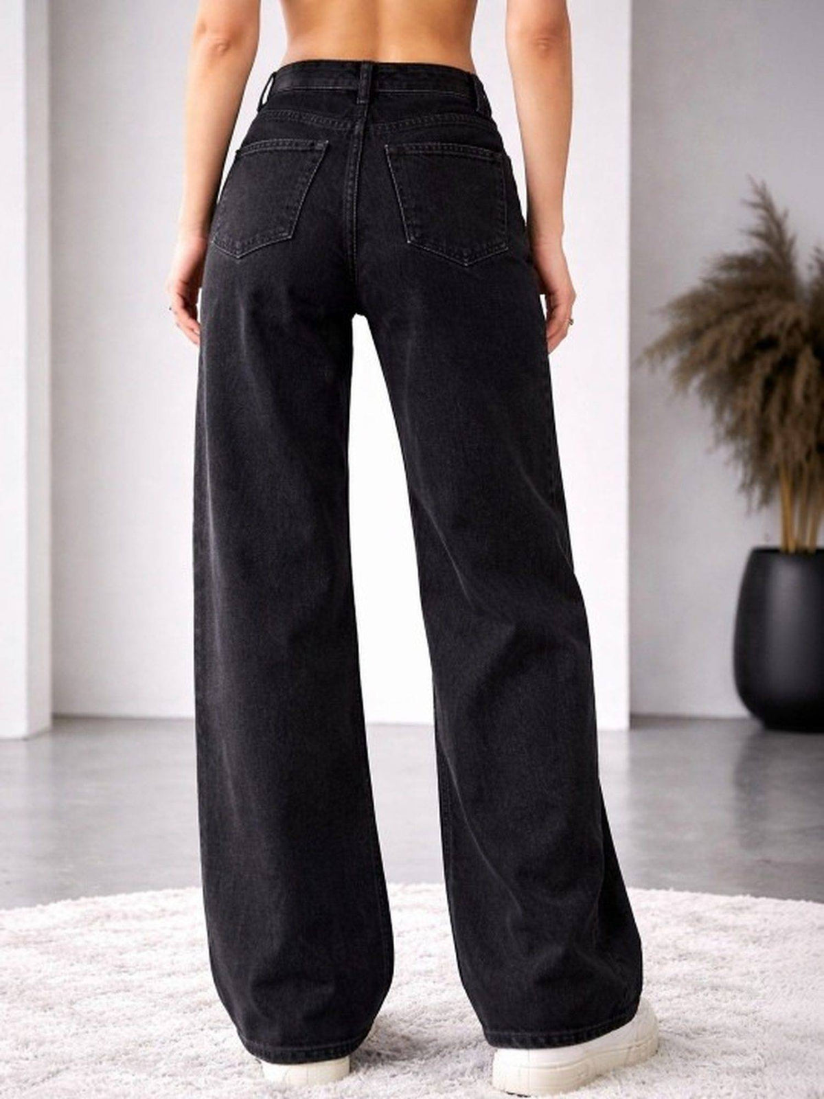Black Wideleg Streachable High Rise Jeans | WL90 - view 2
