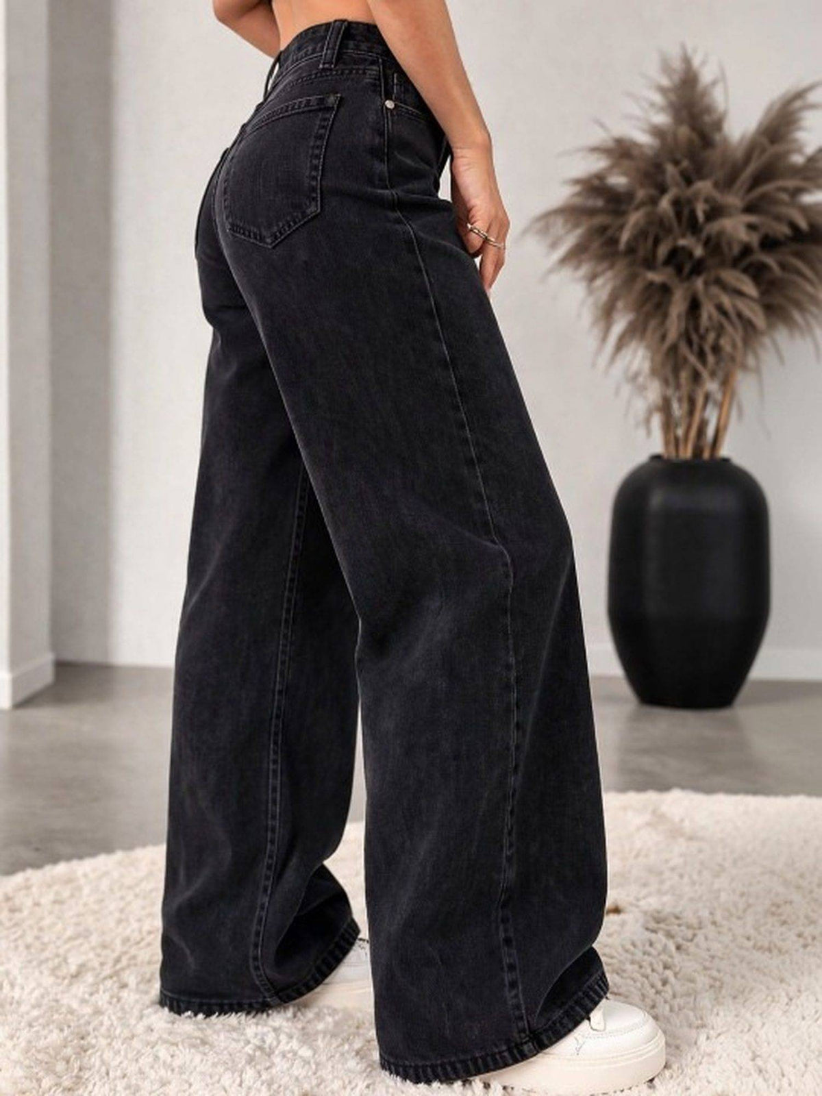 Black Wideleg Streachable High Rise Jeans | WL90 - view 3