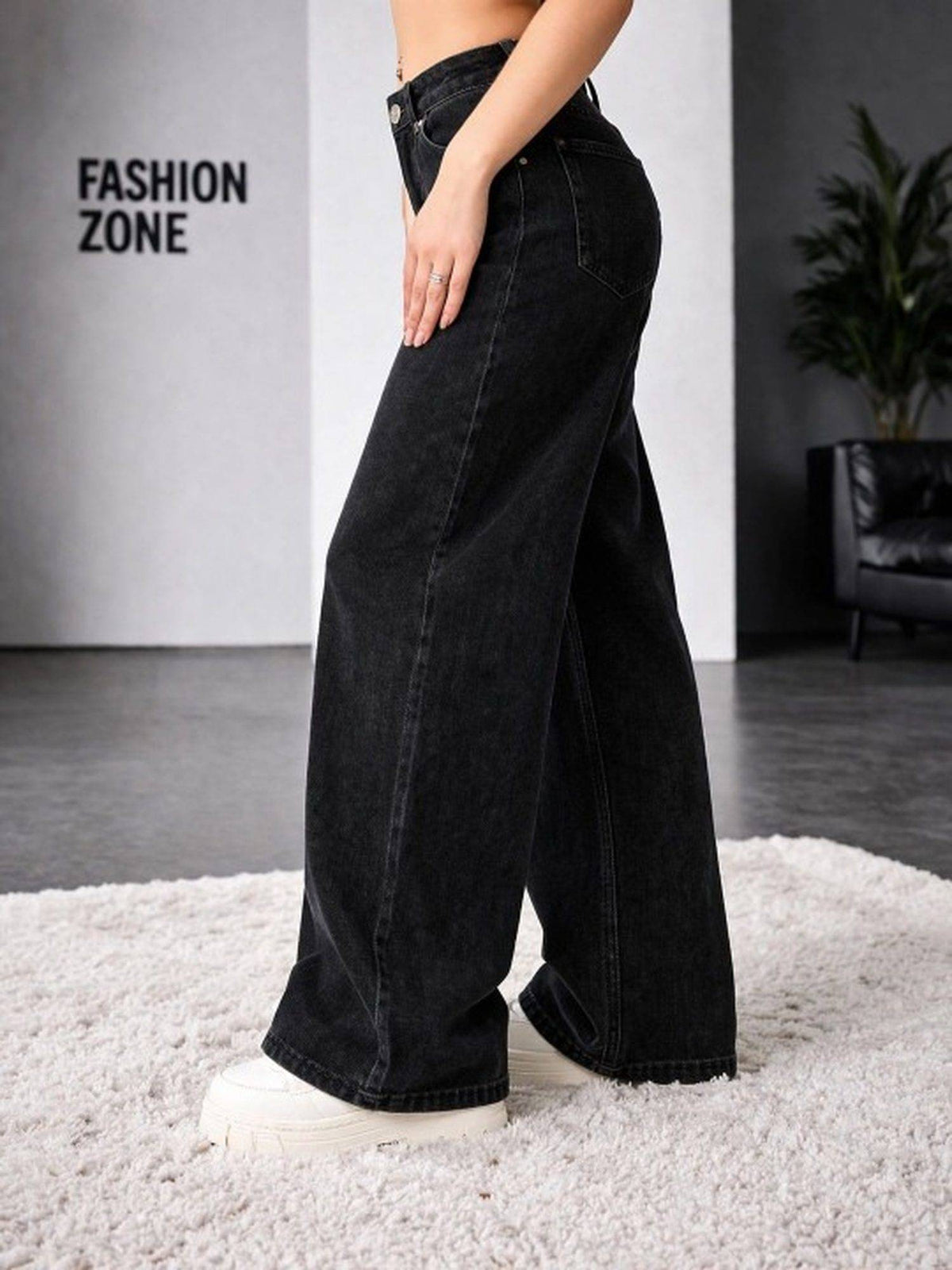 Black Wideleg Streachable High Rise Jeans | WL90 - view 4