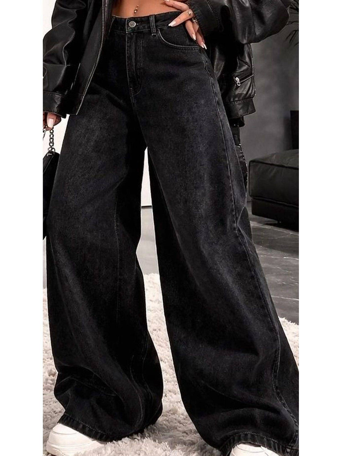 Black Wideleg Streachable High Rise Jeans | WL90 - view 5