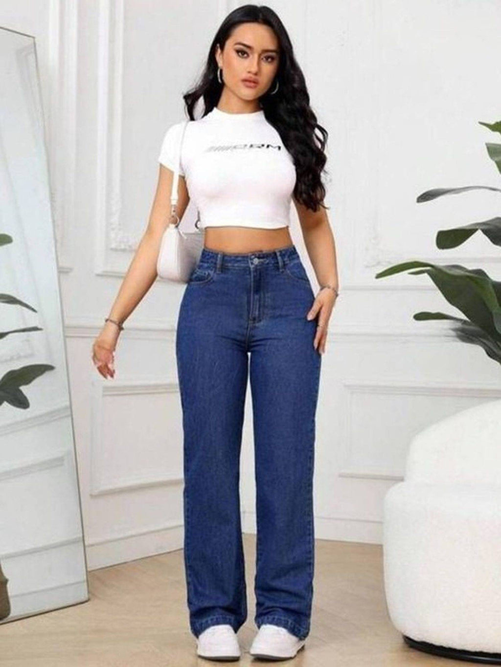 Navy Blue Wideleg Streachable High Rise Jeans | WL90 - view 5
