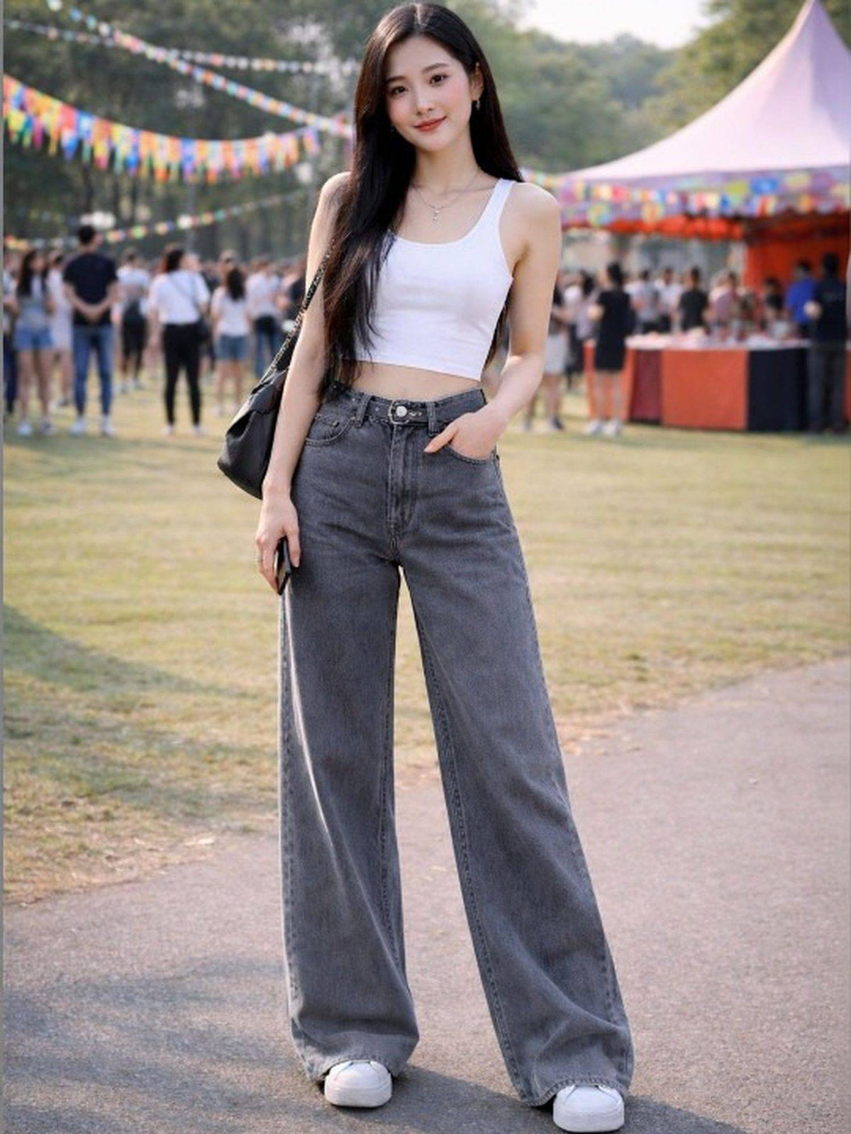 Grey Wideleg Streachable High Rise Jeans | WL90 - view 1