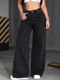 Black Wideleg Streachable High Rise Jeans | WL90 - view 1