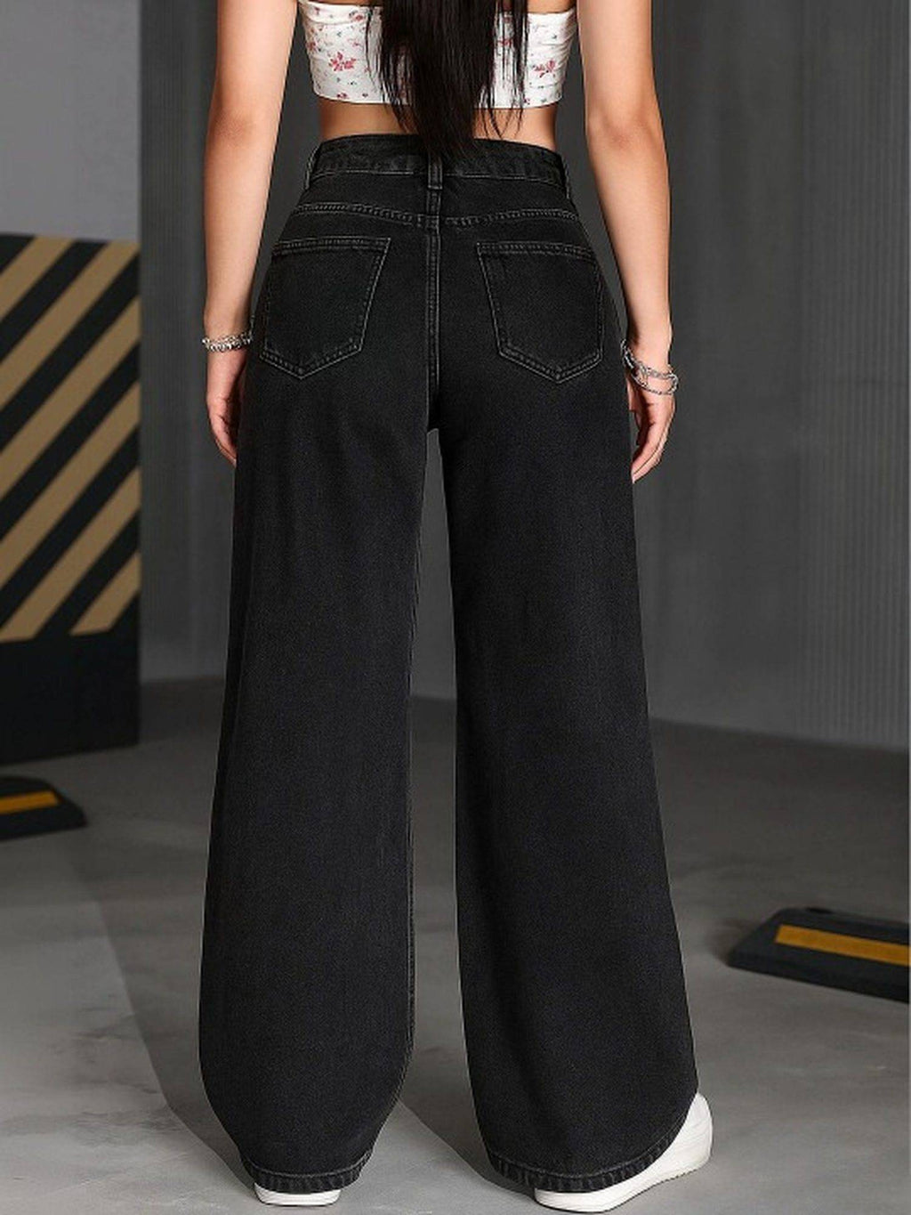 Black Wideleg Streachable High Rise Jeans | WL90 - view 2