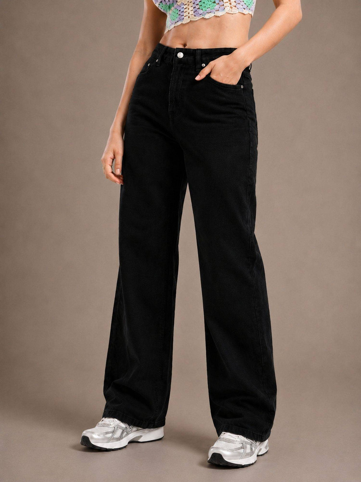 Black Wideleg Streachable High Rise Jeans | WL90 - view 1