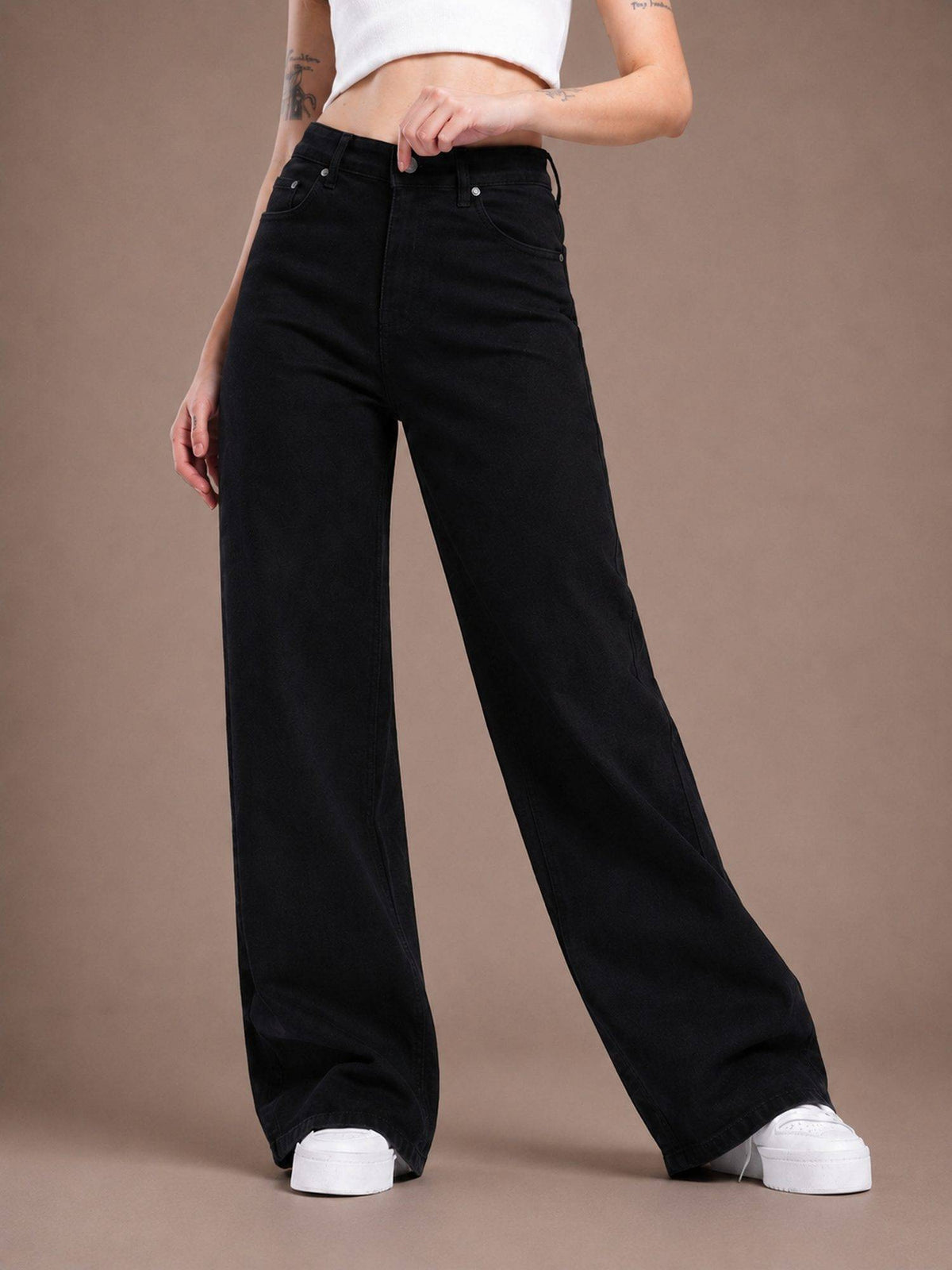 Black Wideleg Streachable High Rise Jeans | WL90 - view 1