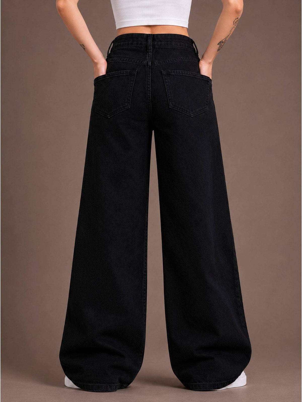 Black Wideleg Streachable High Rise Jeans | WL90 - view 2