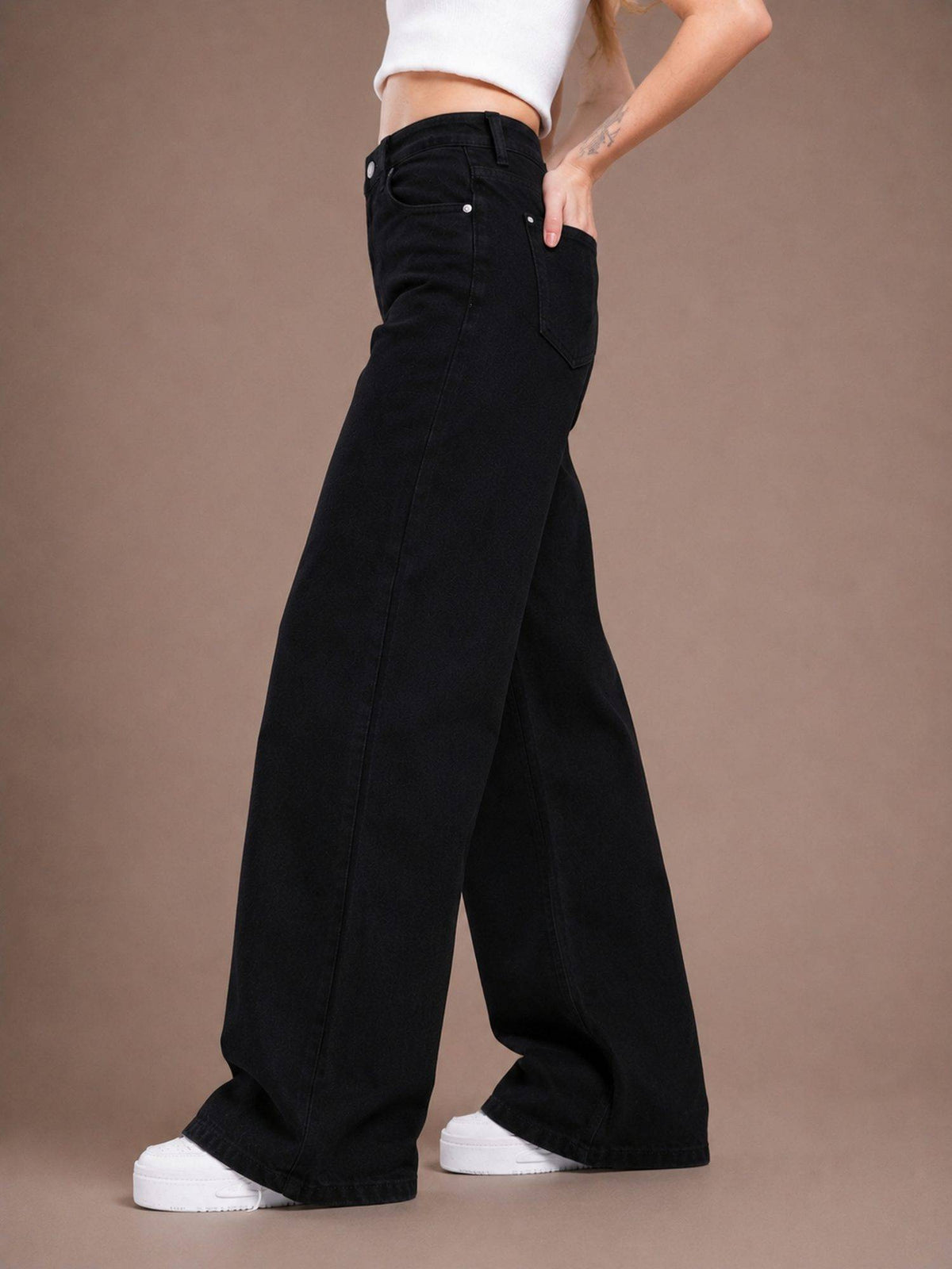 Black Wideleg Streachable High Rise Jeans | WL90 - view 3