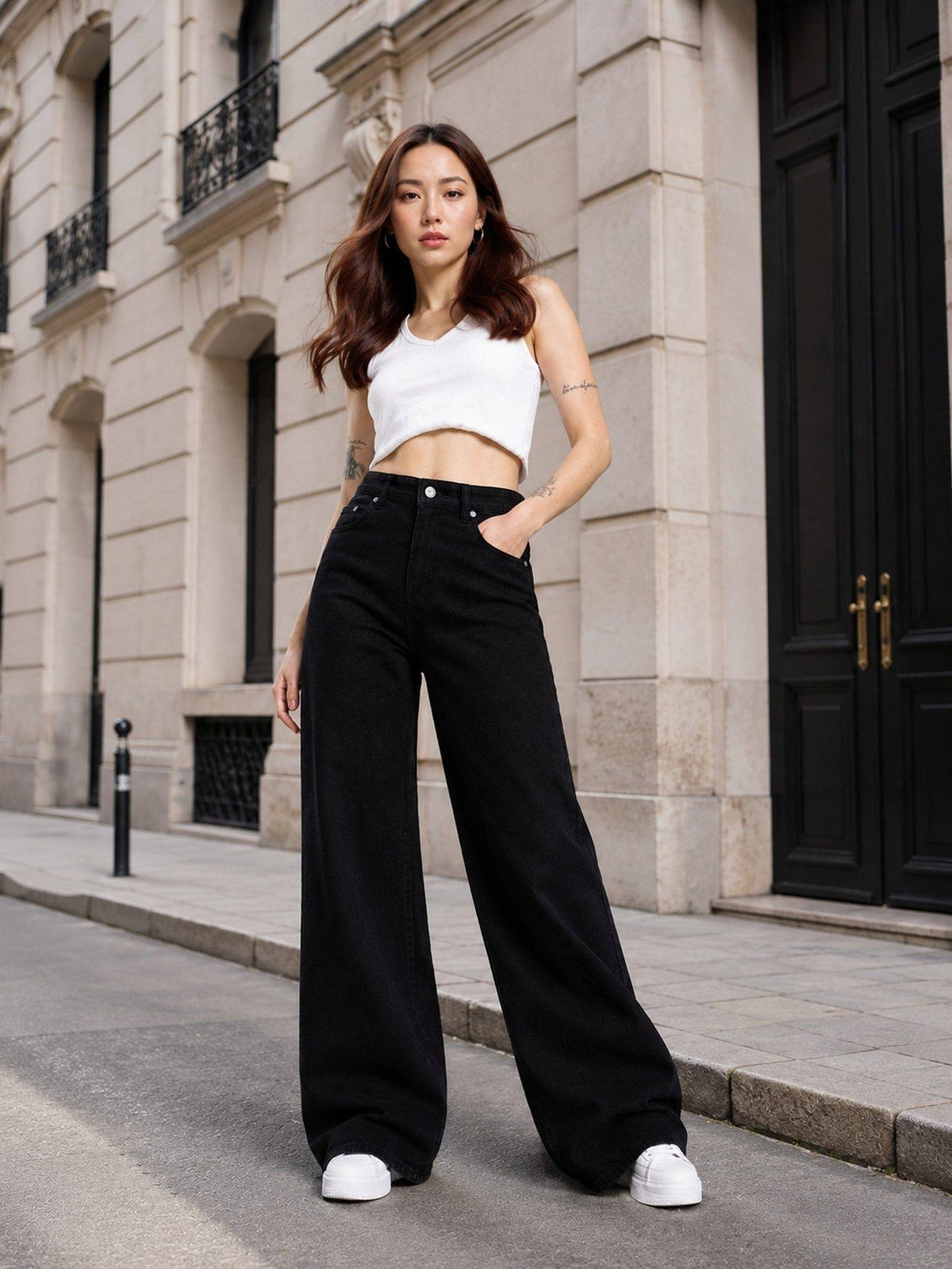 Black Wideleg Streachable High Rise Jeans | WL90 - view 5