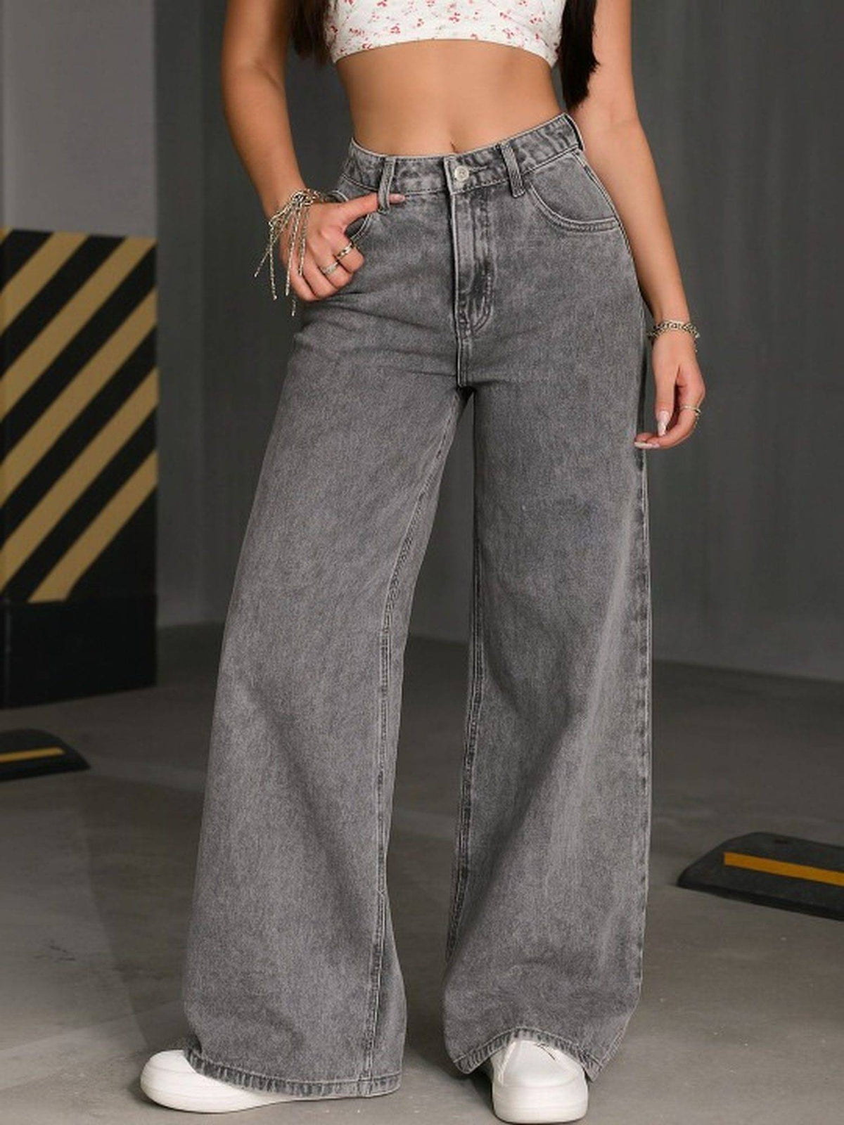 Grey Wideleg Streachable High Rise Jeans | WL90 - view 1