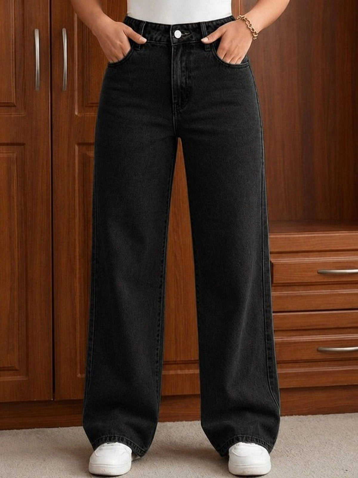 Black Wideleg Streachable High Rise Jeans | WL90 - view 1