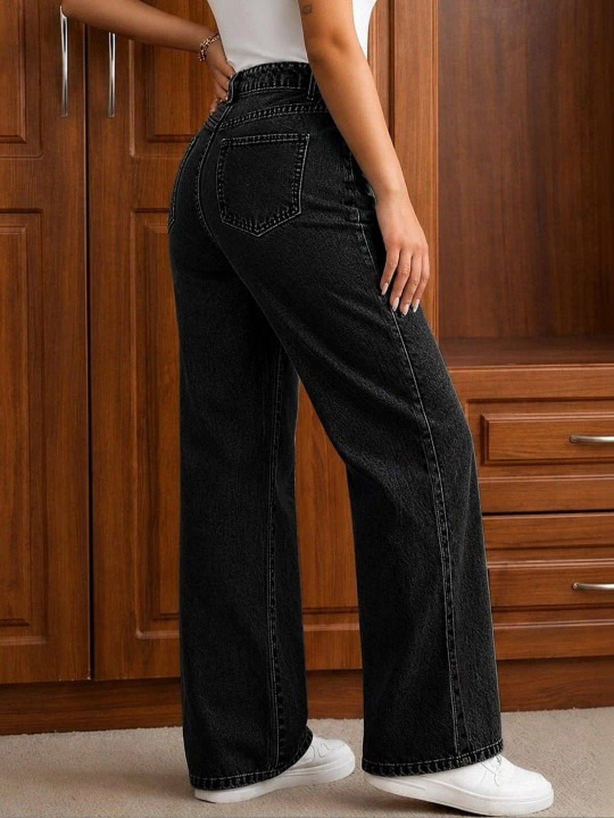 Black Wideleg Streachable High Rise Jeans | WL90 - view 2