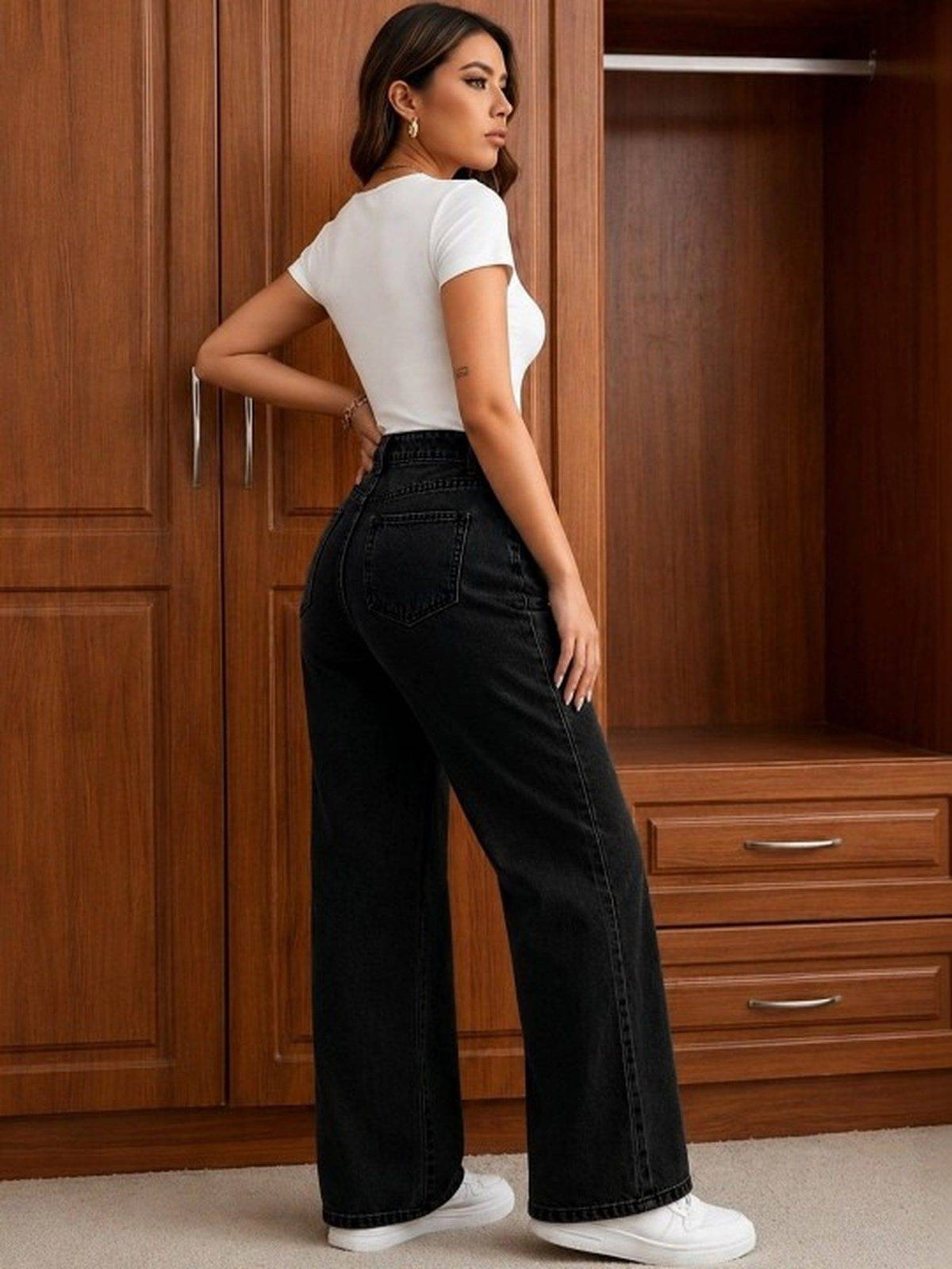 Black Wideleg Streachable High Rise Jeans | WL90 - view 5