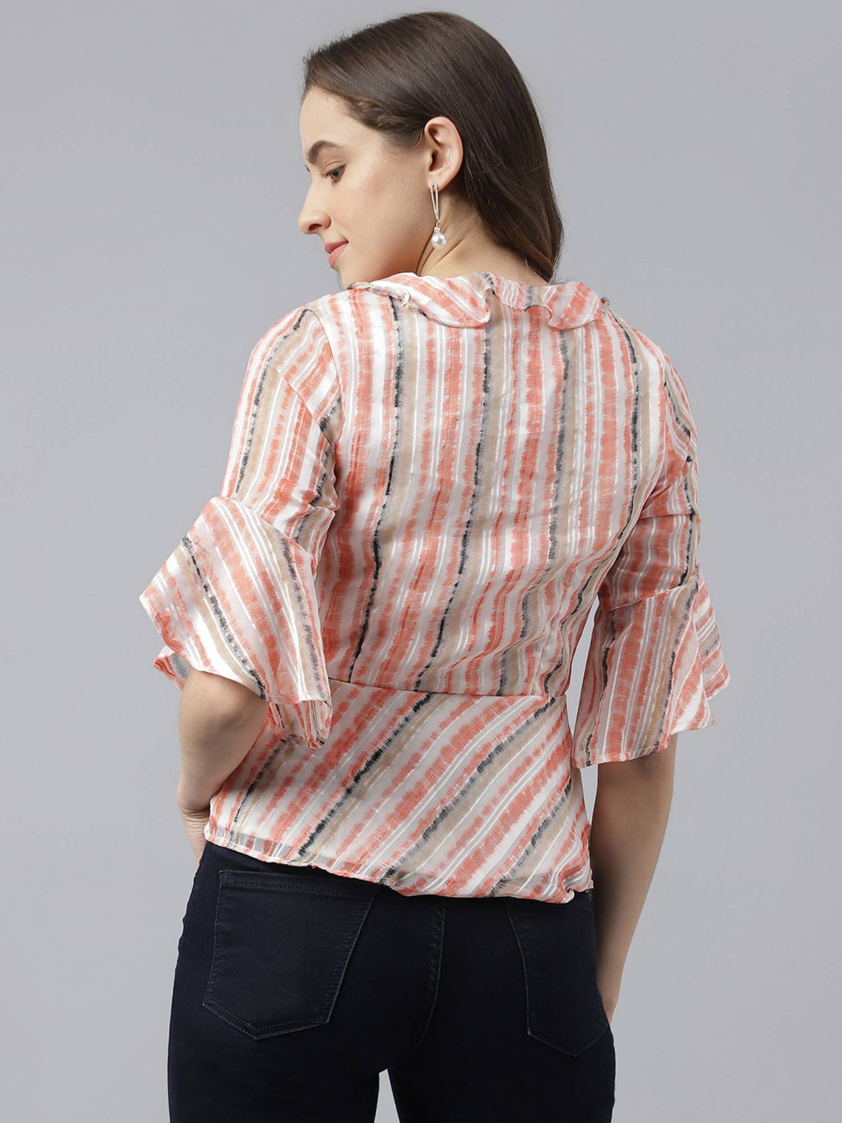 Orange Striped Collar Neck Peplum Top With Bell Sleeves | pt51 - view 4