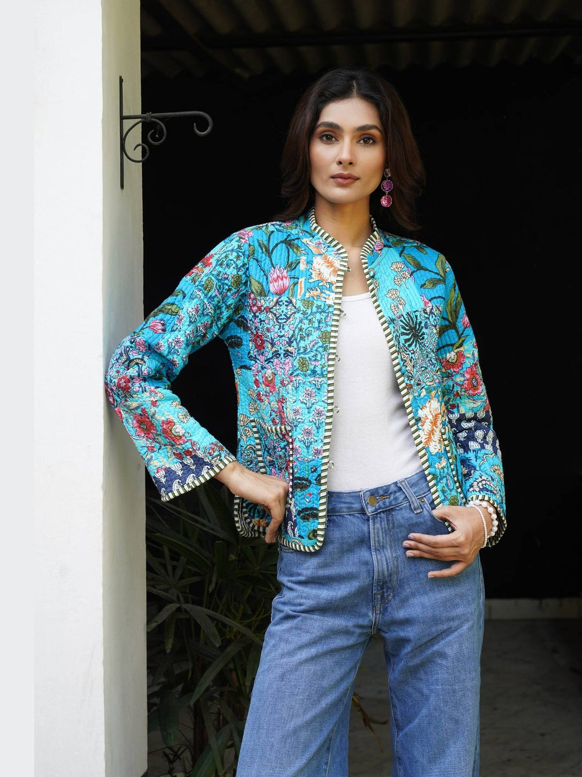 HOC Women Turquoise Blue Cotton Short Reversible Jacket | JC78 - view 1