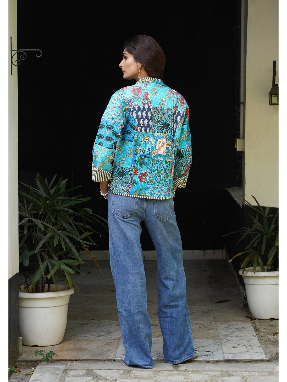 HOC Women Turquoise Blue Cotton Short Reversible Jacket | JC78 - view 2