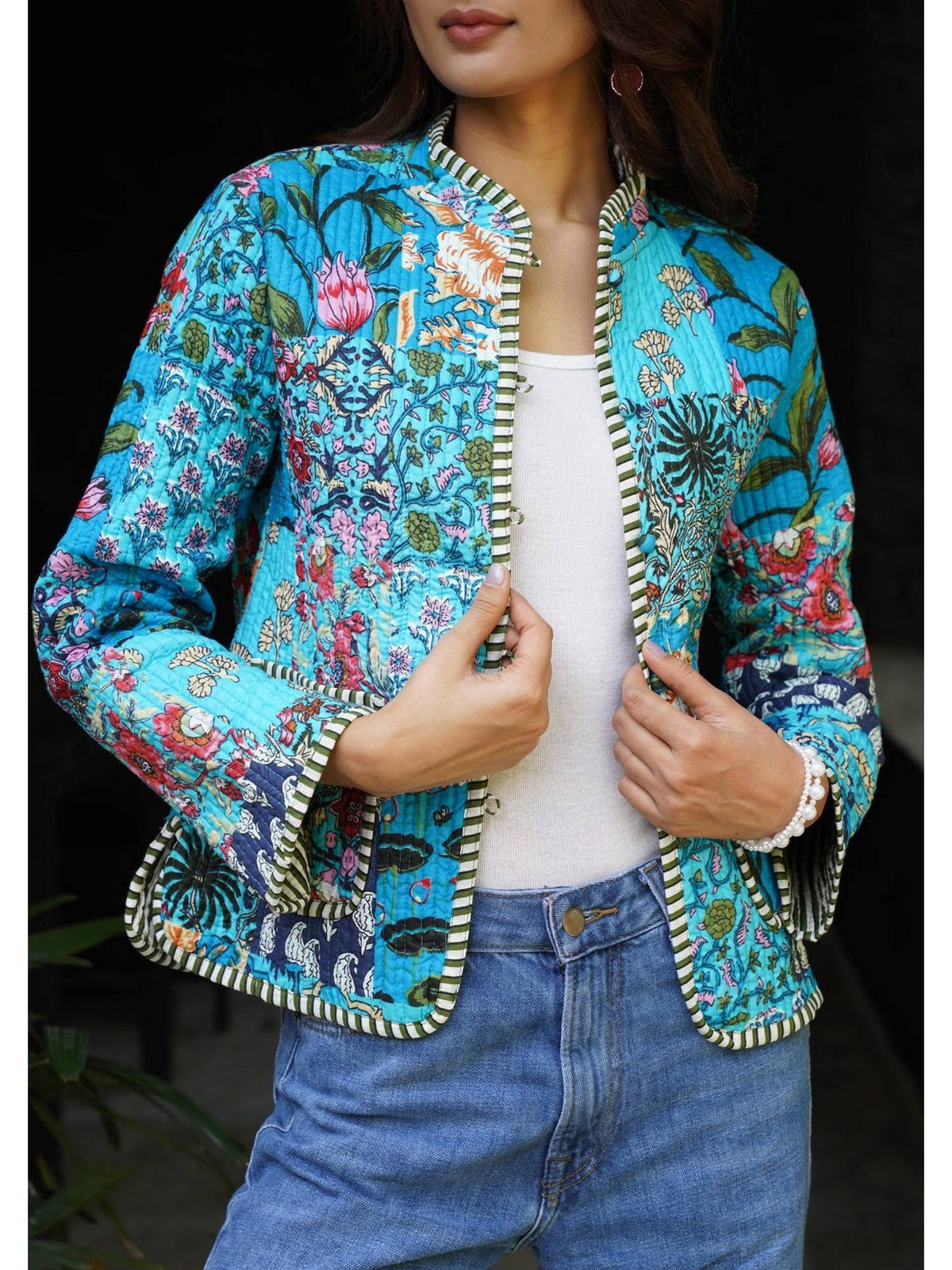 HOC Women Turquoise Blue Cotton Short Reversible Jacket | JC78 - view 3