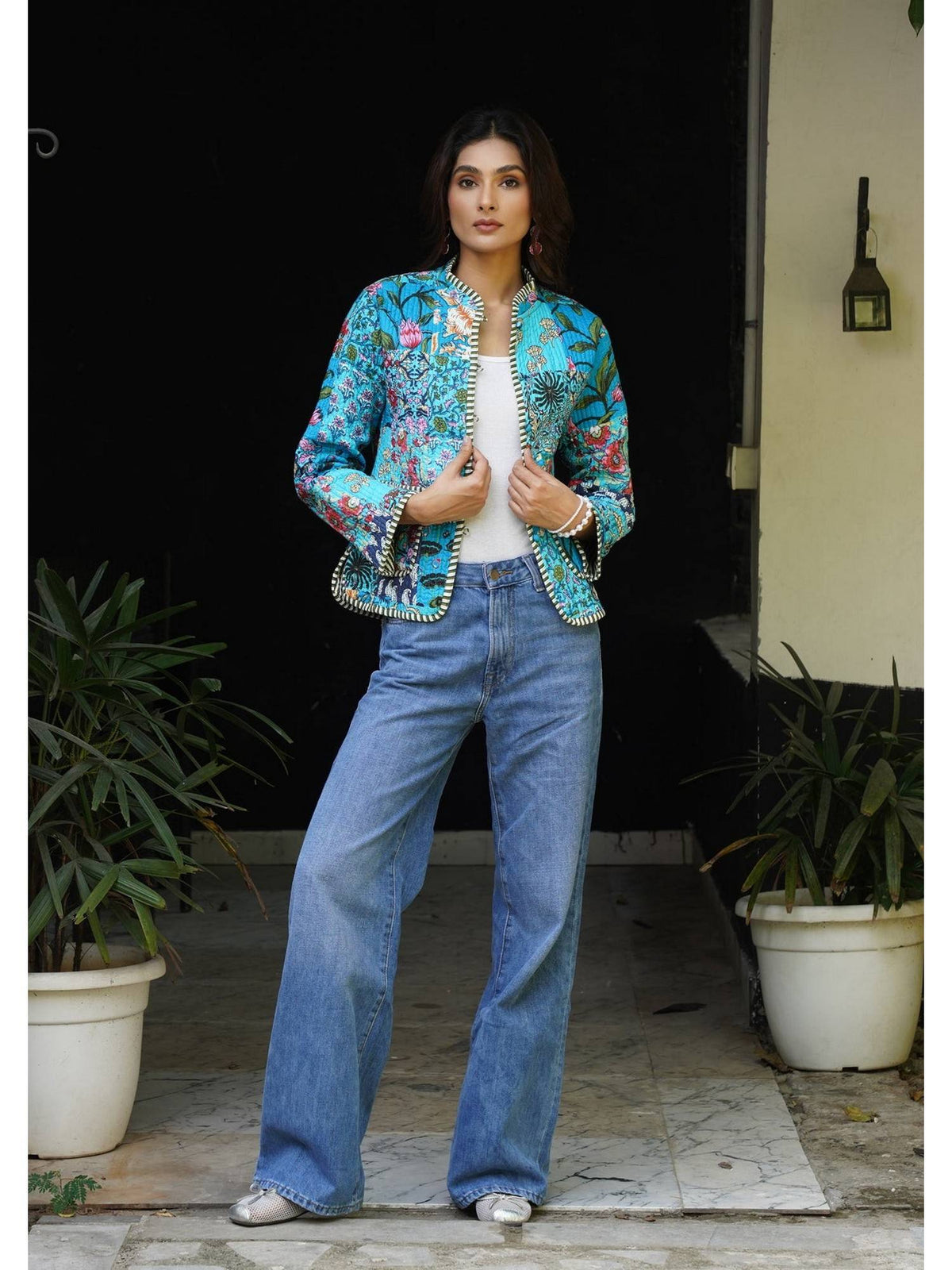 HOC Women Turquoise Blue Cotton Short Reversible Jacket | JC78 - view 4