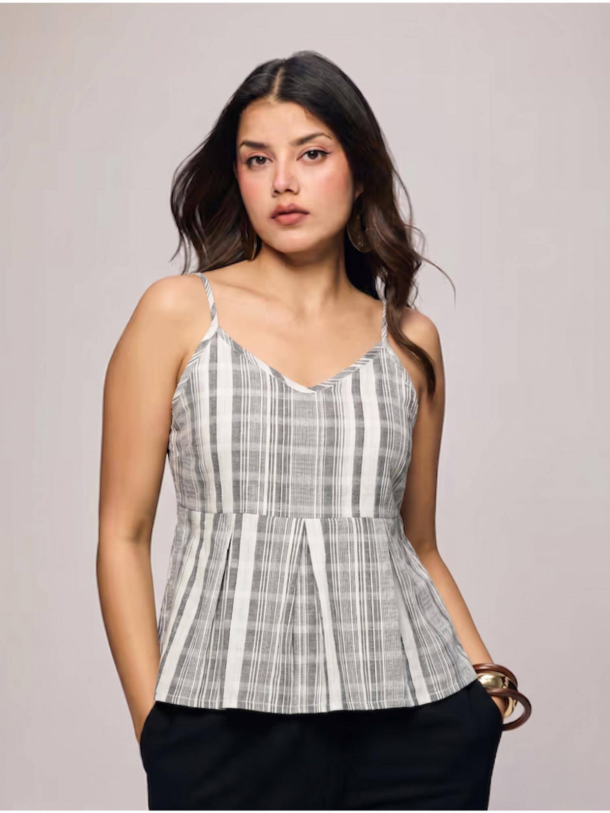 Grey & White Striped Sleeveless Peplum Top | pt51 - view 1