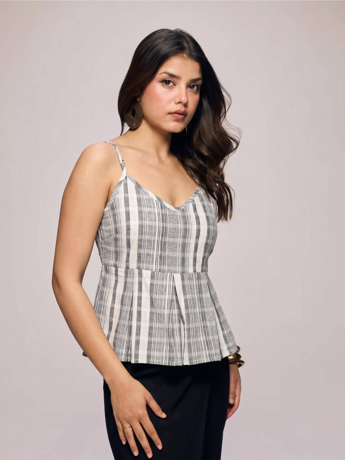 Grey & White Striped Sleeveless Peplum Top | pt51 - view 3