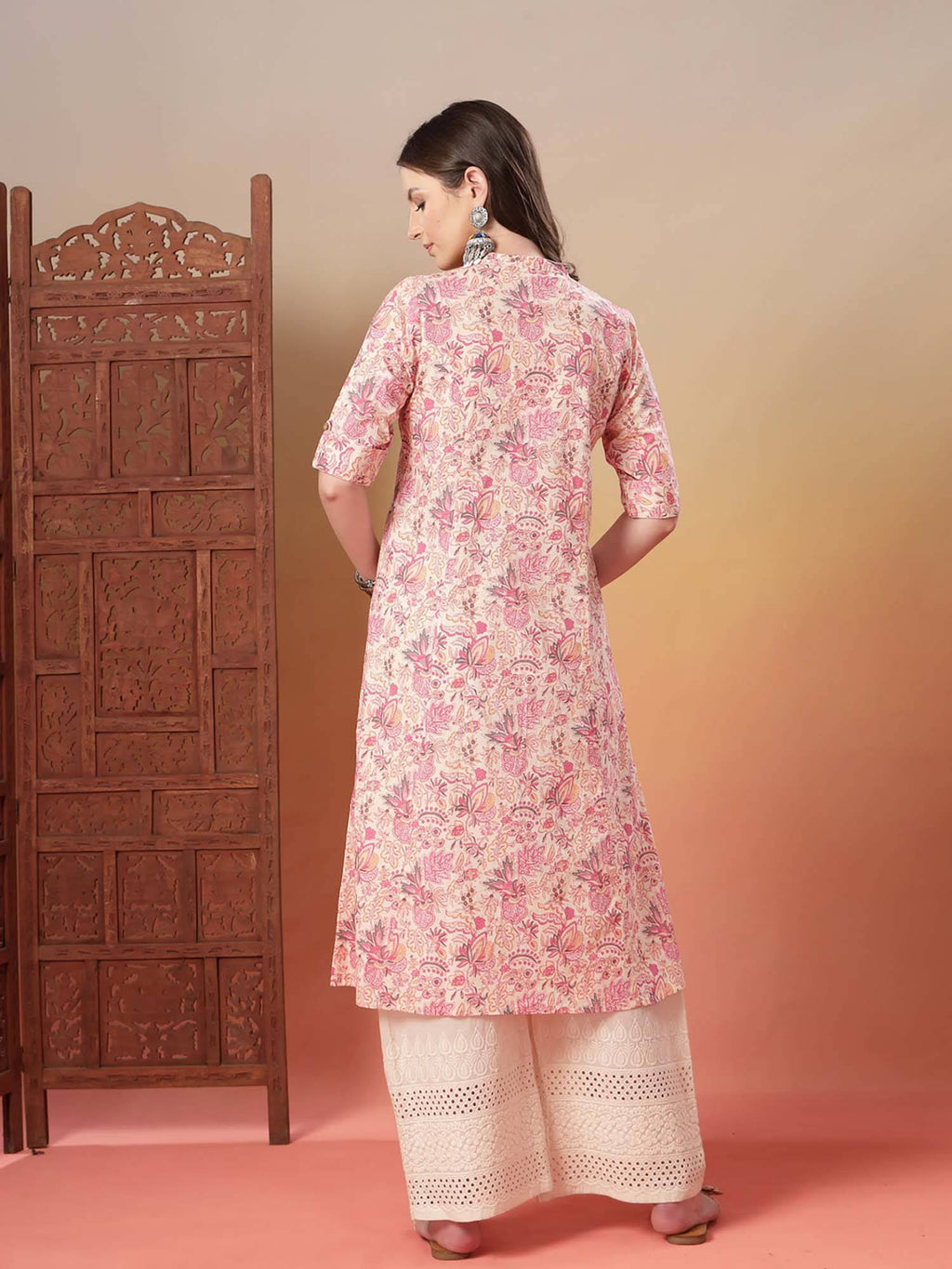 Pink Floral Printed Rayon A-Line Kurta | KDG - view 2